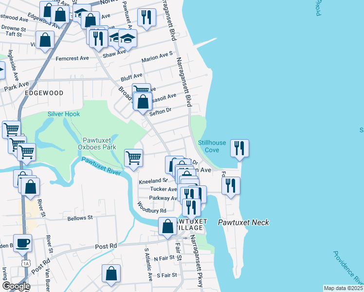 map of restaurants, bars, coffee shops, grocery stores, and more near 15 Selkirk Road in Cranston