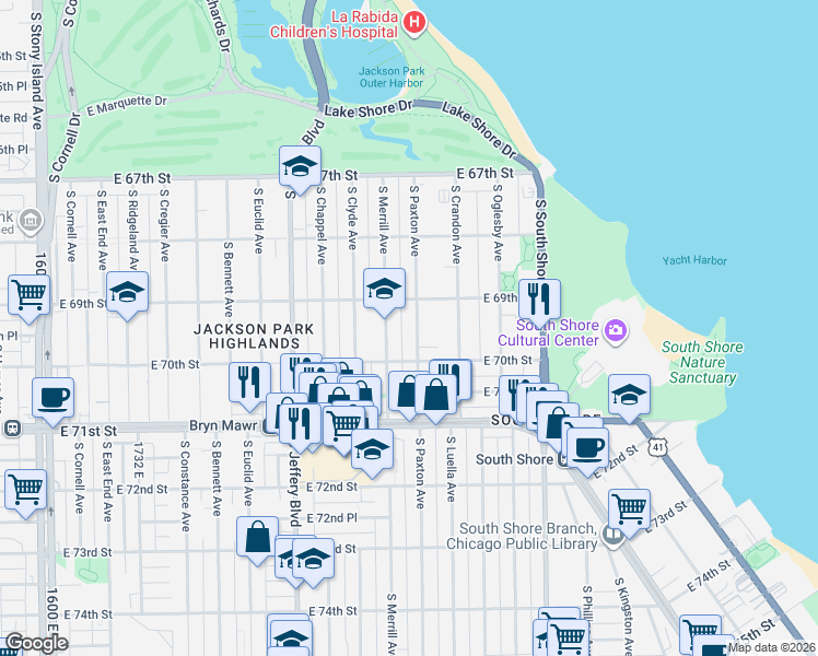 map of restaurants, bars, coffee shops, grocery stores, and more near 6926 South Paxton Avenue in Chicago