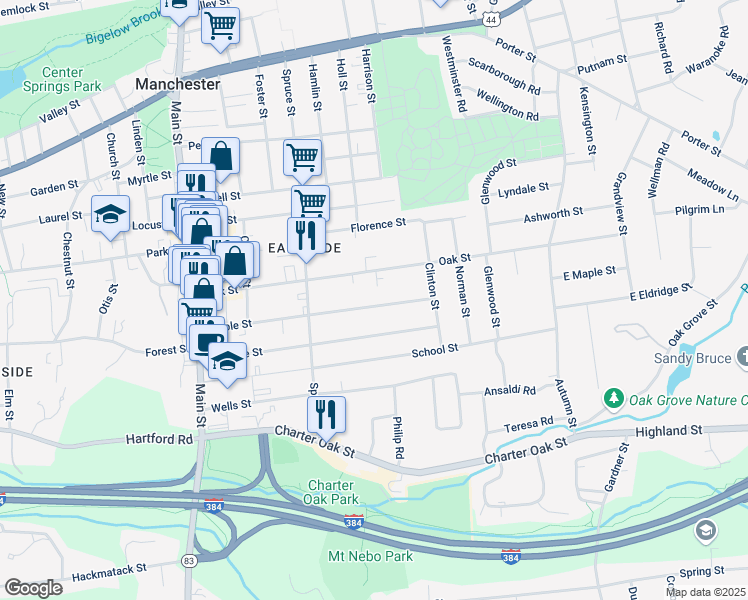 map of restaurants, bars, coffee shops, grocery stores, and more near 159 Maple Street in Manchester