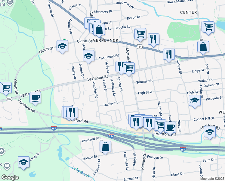 map of restaurants, bars, coffee shops, grocery stores, and more near 44 McKinley Street in Manchester