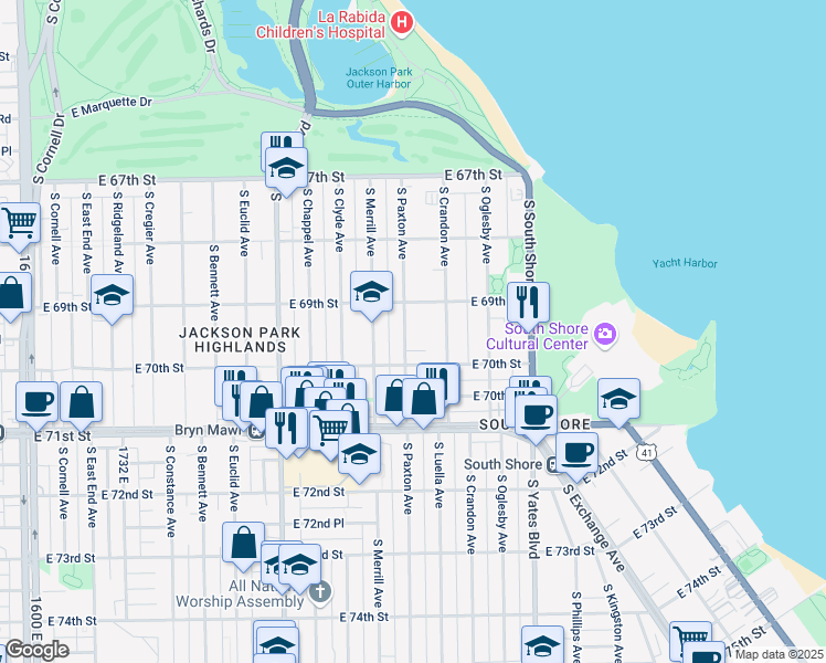 map of restaurants, bars, coffee shops, grocery stores, and more near 6929 South Paxton Avenue in Chicago