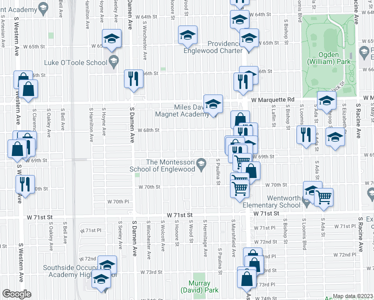 map of restaurants, bars, coffee shops, grocery stores, and more near 6844 South Wood Street in Chicago