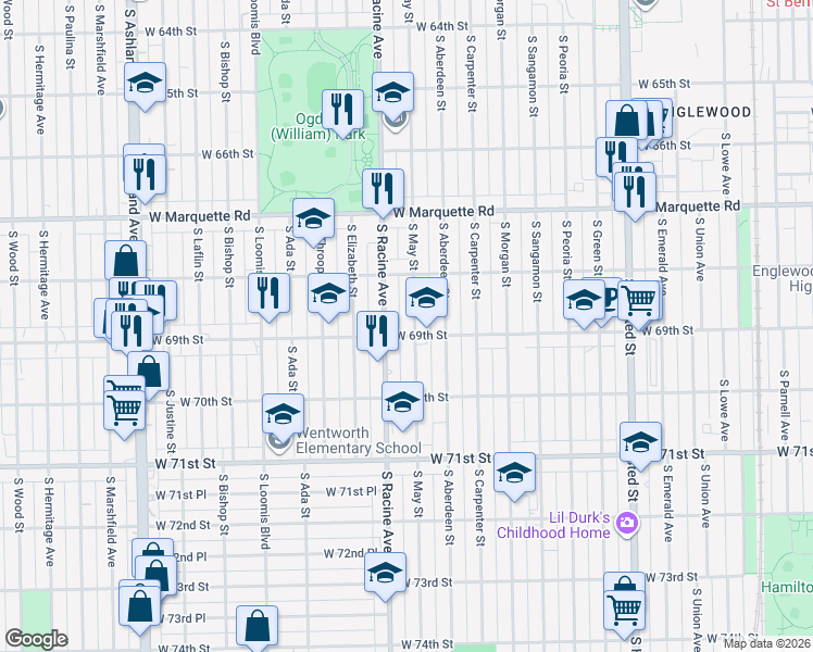 map of restaurants, bars, coffee shops, grocery stores, and more near 1154 West 69th Street in Chicago