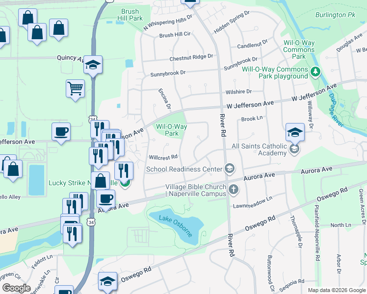 map of restaurants, bars, coffee shops, grocery stores, and more near 333 South Birchwood Drive in Naperville