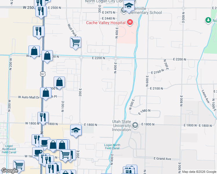 map of restaurants, bars, coffee shops, grocery stores, and more near 2002 North 400 East in North Logan