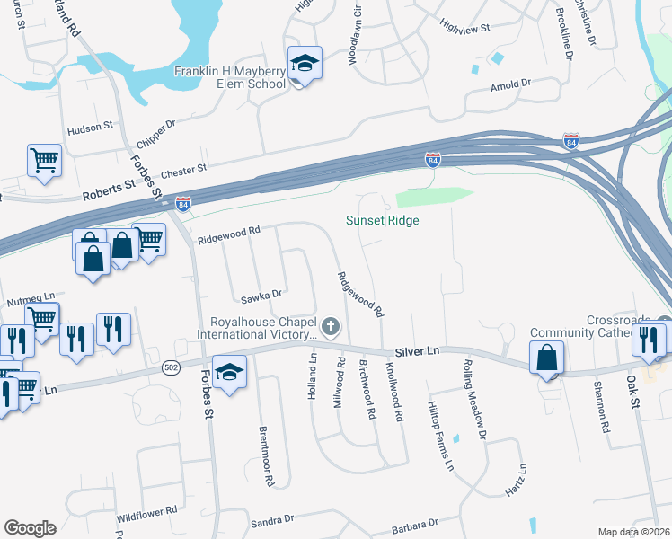map of restaurants, bars, coffee shops, grocery stores, and more near 105 Ridgewood Road in East Hartford