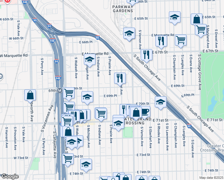 map of restaurants, bars, coffee shops, grocery stores, and more near 315 East 69th Street in Chicago