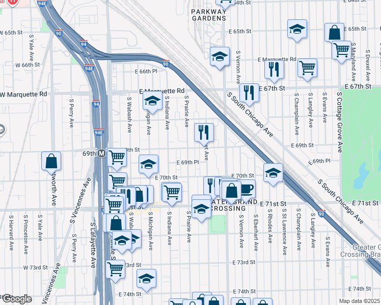 map of restaurants, bars, coffee shops, grocery stores, and more near 315 East 69th Street in Chicago