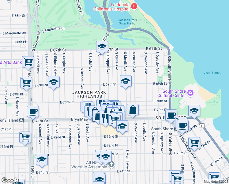 map of restaurants, bars, coffee shops, grocery stores, and more near 6930 South Clyde Avenue in Chicago