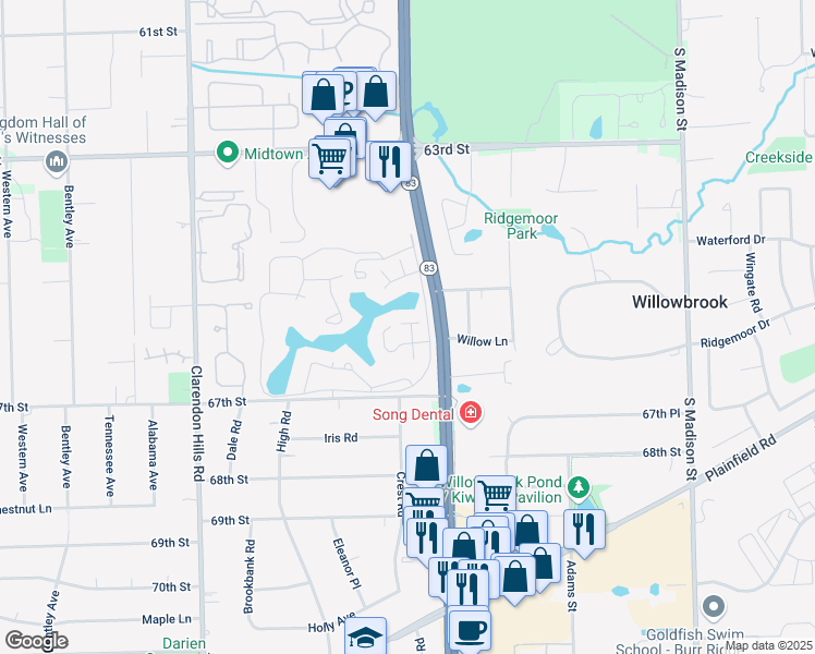 map of restaurants, bars, coffee shops, grocery stores, and more near 2 Kane Court in Willowbrook