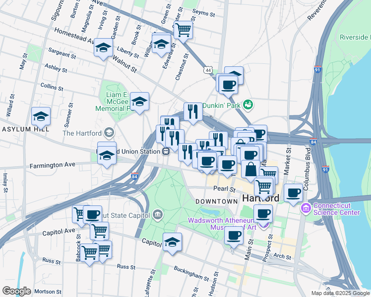 map of restaurants, bars, coffee shops, grocery stores, and more near 98 High Street in Hartford
