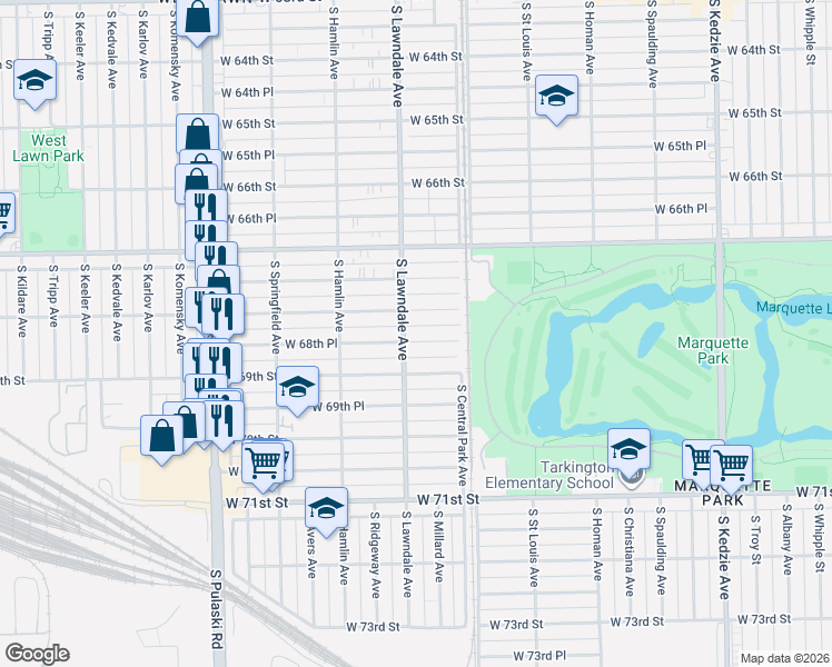 map of restaurants, bars, coffee shops, grocery stores, and more near 3626 West 68th Place in Chicago