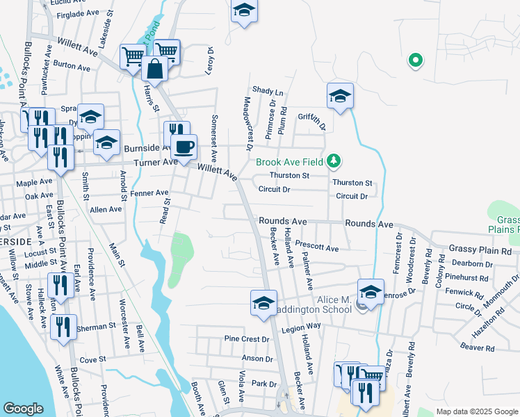 map of restaurants, bars, coffee shops, grocery stores, and more near 15 Winslow Street in East Providence