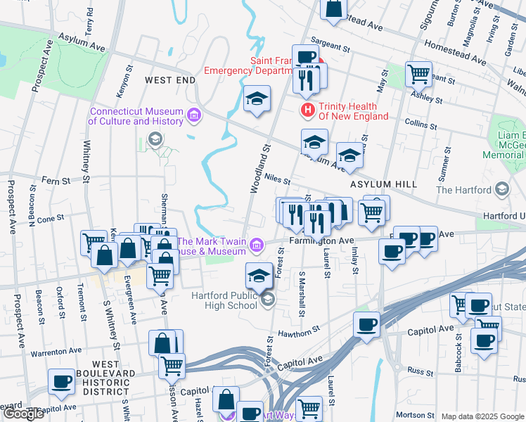 map of restaurants, bars, coffee shops, grocery stores, and more near 31 Gillett Street in Hartford