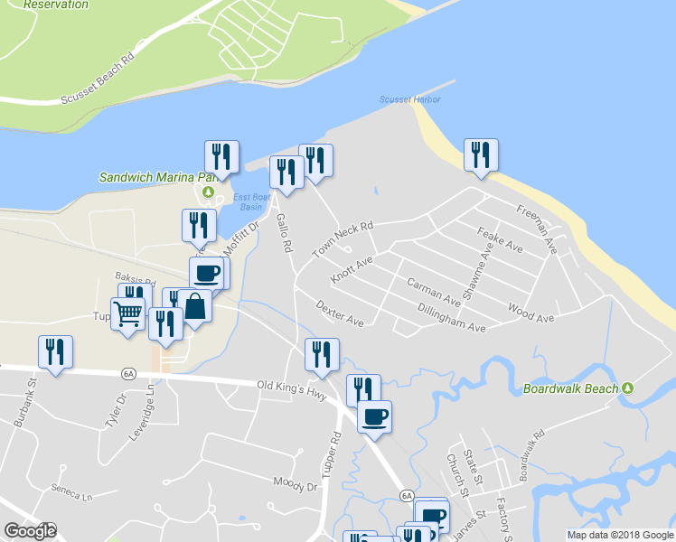 map of restaurants, bars, coffee shops, grocery stores, and more near 8 Dillingham Avenue in Sandwich