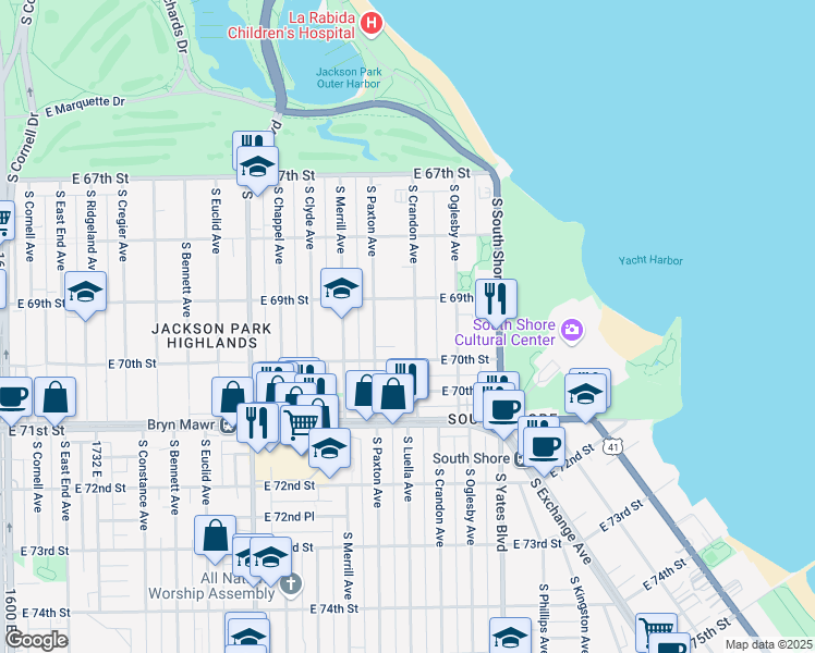 map of restaurants, bars, coffee shops, grocery stores, and more near 6928 South Crandon Avenue in Chicago