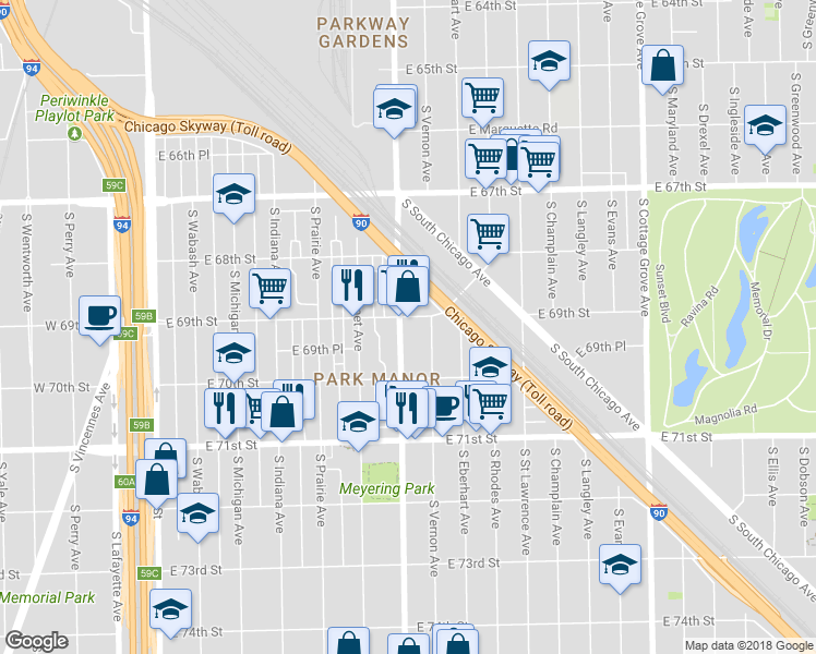 map of restaurants, bars, coffee shops, grocery stores, and more near 6909 South King Drive in Chicago