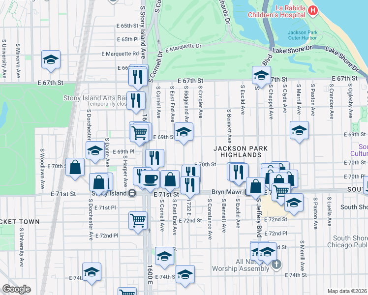 map of restaurants, bars, coffee shops, grocery stores, and more near 6938 South East End Avenue in Chicago