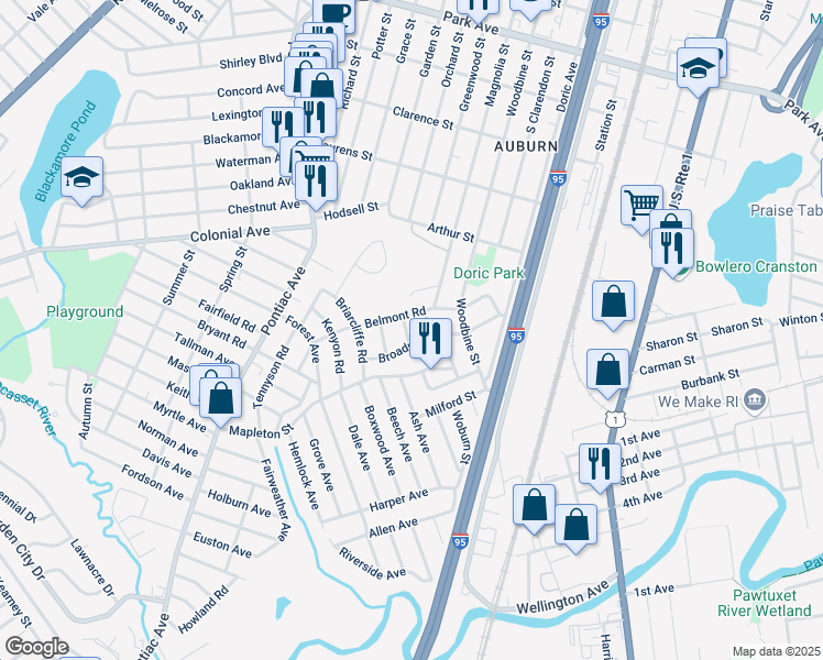 map of restaurants, bars, coffee shops, grocery stores, and more near 18 Somerset Road in Cranston
