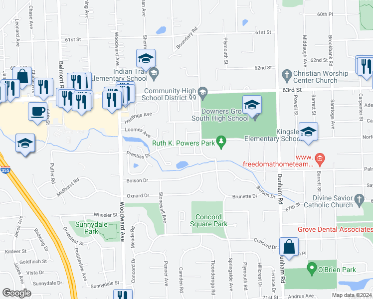 map of restaurants, bars, coffee shops, grocery stores, and more near 1739 Prentiss Drive in Downers Grove