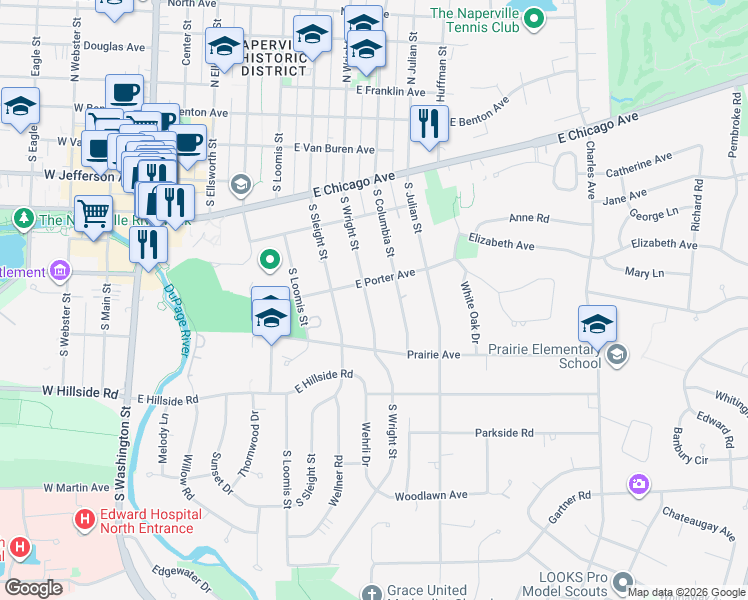 map of restaurants, bars, coffee shops, grocery stores, and more near 420 South Wright Street in Naperville