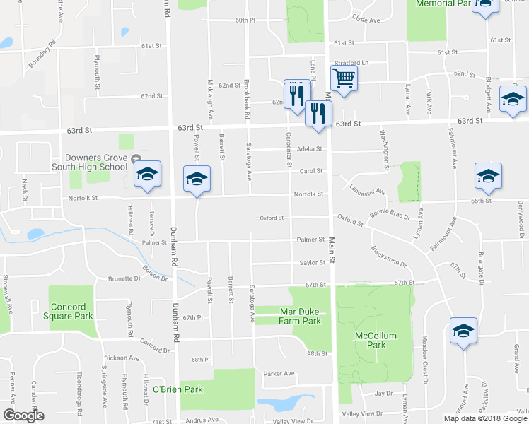map of restaurants, bars, coffee shops, grocery stores, and more near 1128 Oxford Street in Downers Grove