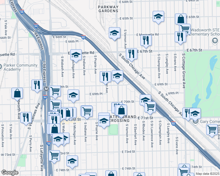 map of restaurants, bars, coffee shops, grocery stores, and more near 6905 South Calumet Avenue in Chicago