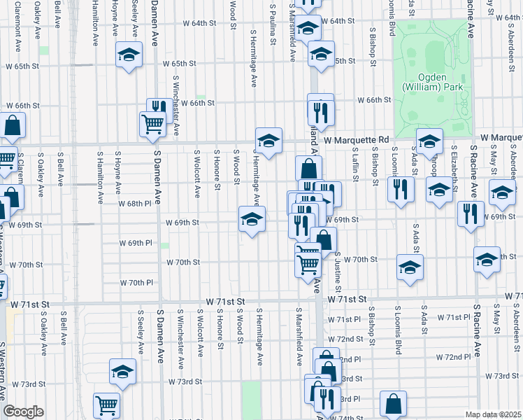map of restaurants, bars, coffee shops, grocery stores, and more near 6843 South Hermitage Avenue in Chicago