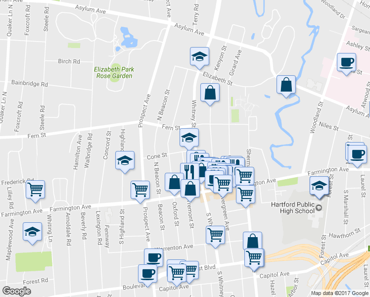map of restaurants, bars, coffee shops, grocery stores, and more near 18 Cone Street in Hartford