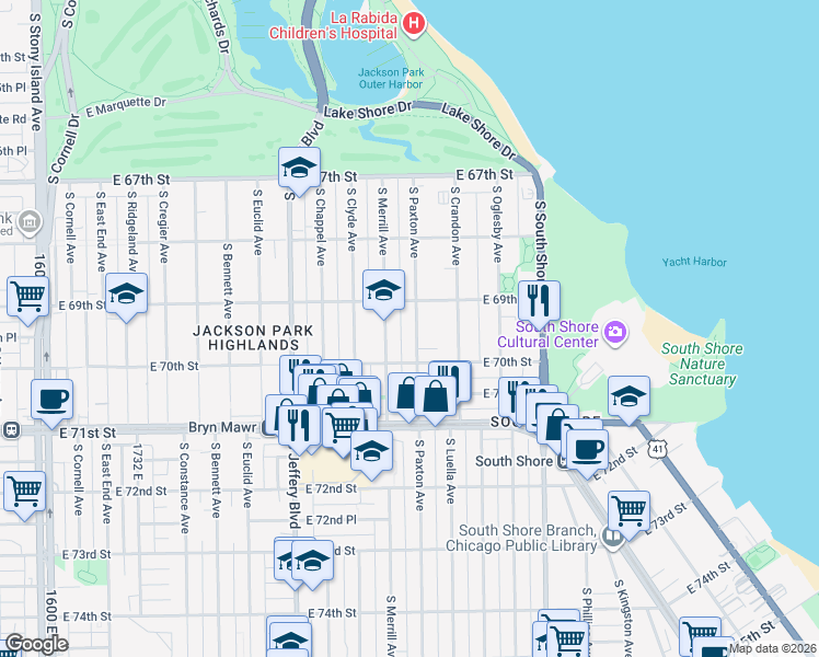 map of restaurants, bars, coffee shops, grocery stores, and more near 6926 South Paxton Avenue in Chicago
