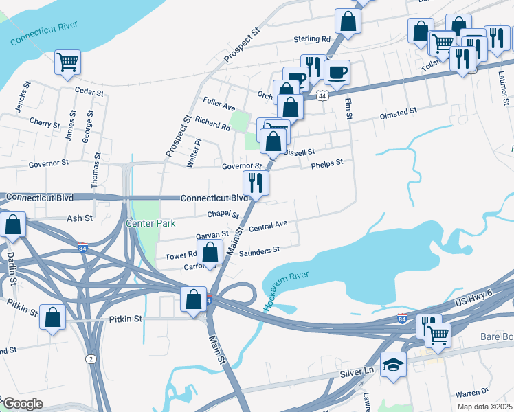 map of restaurants, bars, coffee shops, grocery stores, and more near 860 Main Street in East Hartford
