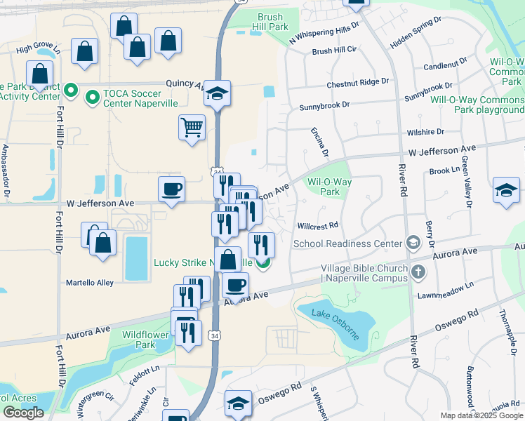 map of restaurants, bars, coffee shops, grocery stores, and more near 1508 West Jefferson Avenue in Naperville
