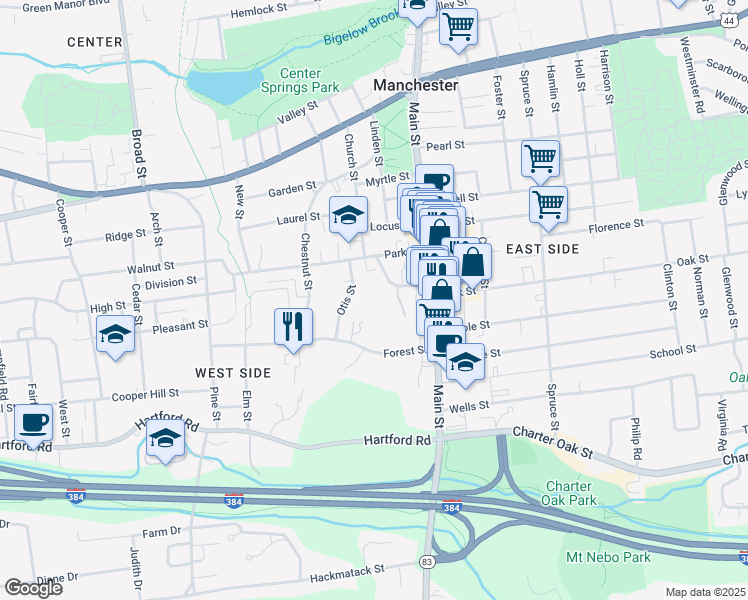 map of restaurants, bars, coffee shops, grocery stores, and more near 46 Saint James Street in Manchester