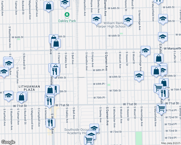 map of restaurants, bars, coffee shops, grocery stores, and more near 2109 West 68th Place in Chicago