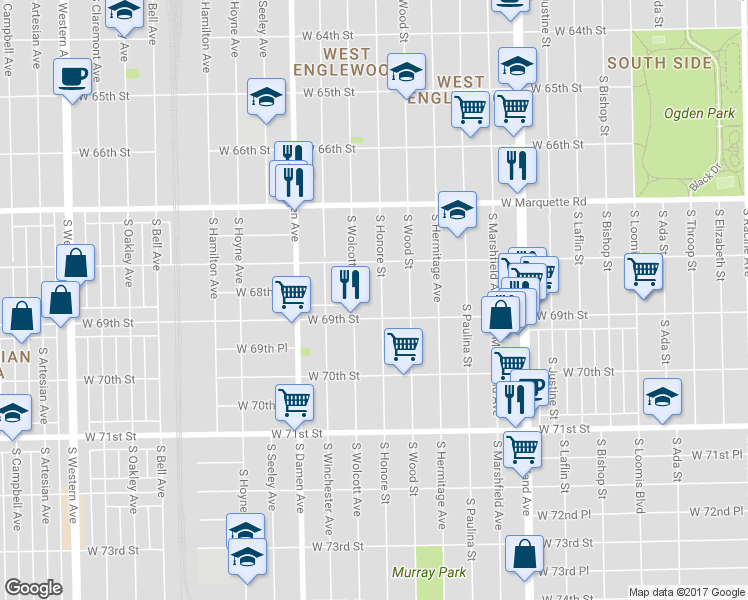 map of restaurants, bars, coffee shops, grocery stores, and more near 6842 South Honore Street in Chicago