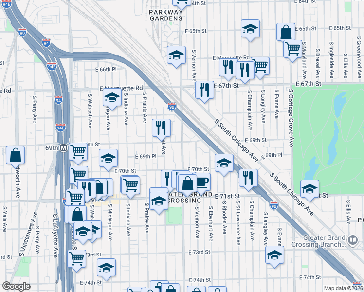 map of restaurants, bars, coffee shops, grocery stores, and more near South King Drive in Chicago