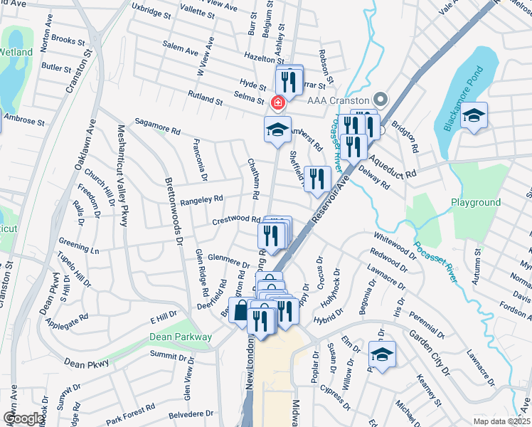 map of restaurants, bars, coffee shops, grocery stores, and more near 507 Budlong Road in Cranston