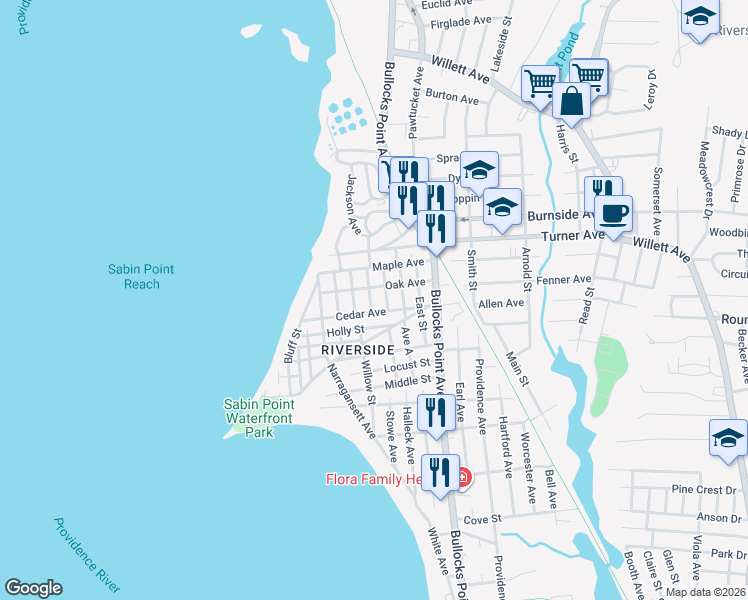 map of restaurants, bars, coffee shops, grocery stores, and more near 33 Linden St in East Providence