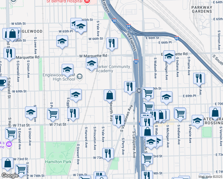 map of restaurants, bars, coffee shops, grocery stores, and more near S Wentworth Ave & W 69th St in Chicago