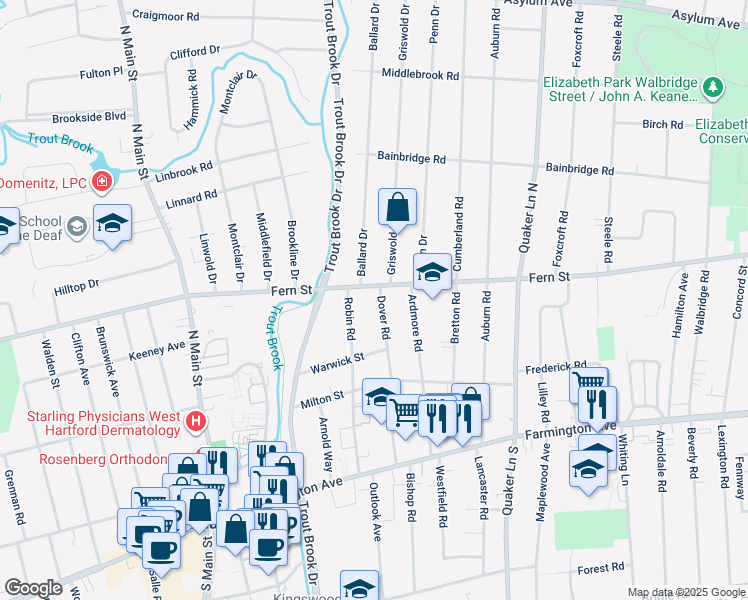 map of restaurants, bars, coffee shops, grocery stores, and more near 153 Dover Road in West Hartford