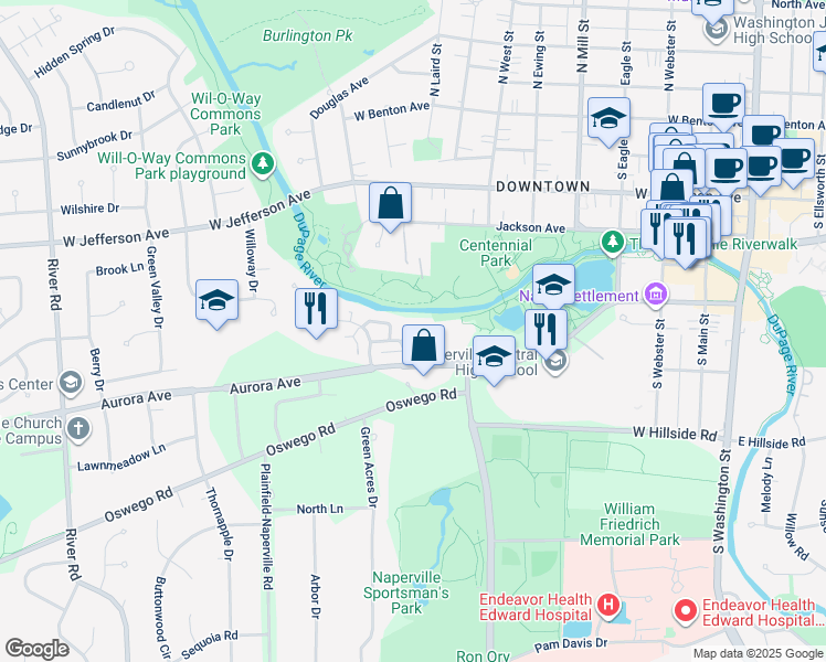 map of restaurants, bars, coffee shops, grocery stores, and more near 525 River Front Circle in Naperville