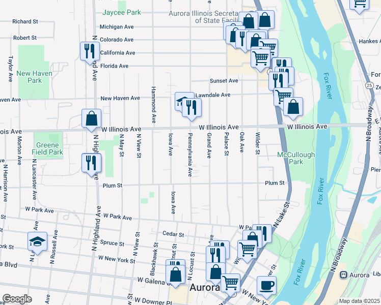 map of restaurants, bars, coffee shops, grocery stores, and more near 606 Pennsylvania Avenue in Aurora
