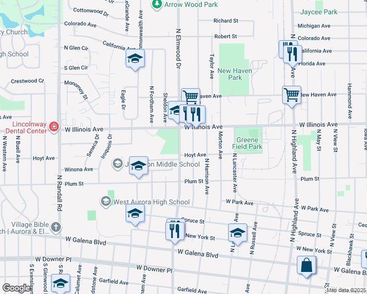 map of restaurants, bars, coffee shops, grocery stores, and more near 611 North Elmwood Drive in Aurora