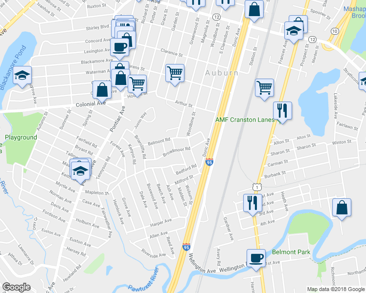 map of restaurants, bars, coffee shops, grocery stores, and more near 100 Broadmoor Road in Cranston
