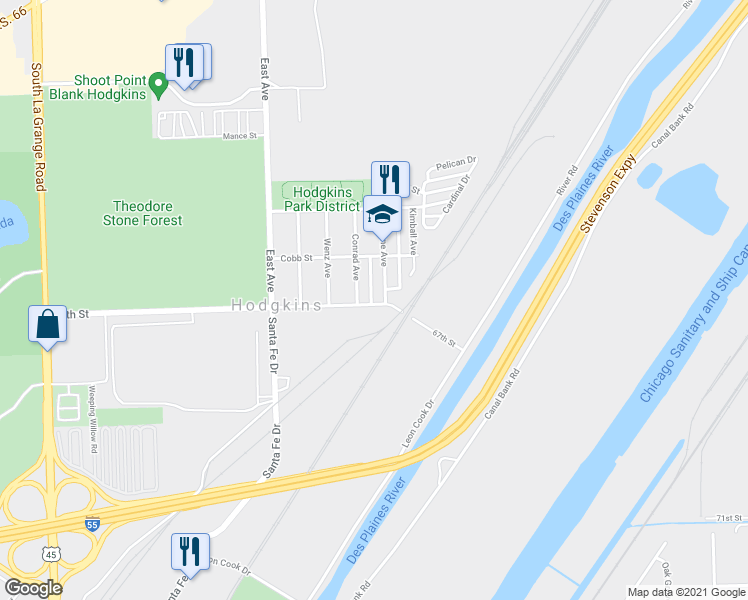 map of restaurants, bars, coffee shops, grocery stores, and more near 8893 67th Street in Hodgkins