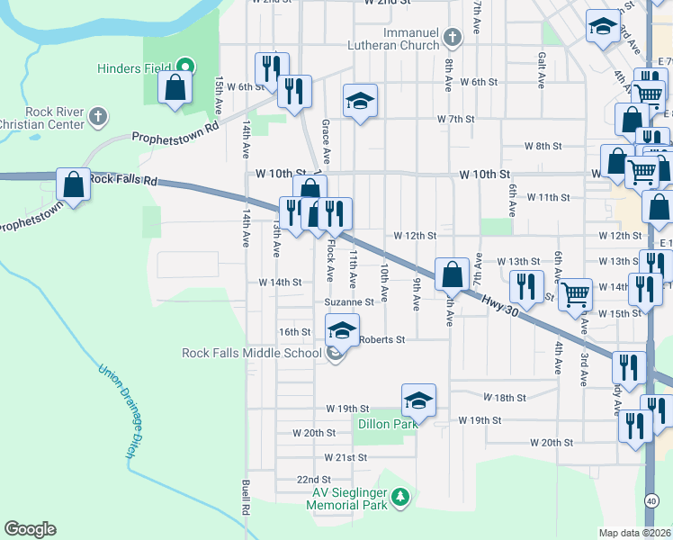 map of restaurants, bars, coffee shops, grocery stores, and more near 1305 Flock Avenue in Rock Falls