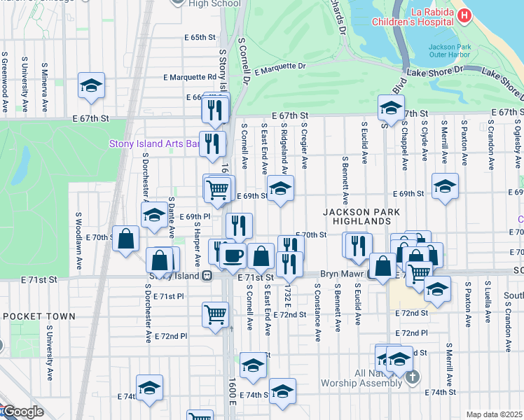map of restaurants, bars, coffee shops, grocery stores, and more near 6938 South East End Avenue in Chicago