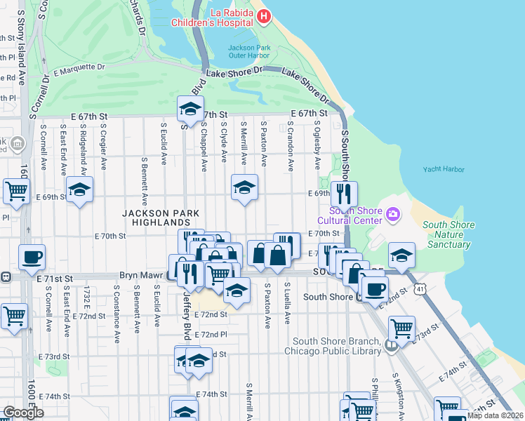 map of restaurants, bars, coffee shops, grocery stores, and more near 6917 South Paxton Avenue in Chicago