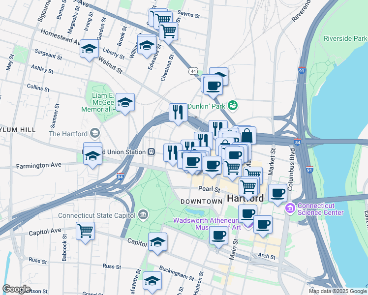 map of restaurants, bars, coffee shops, grocery stores, and more near 285 Church Street in Hartford