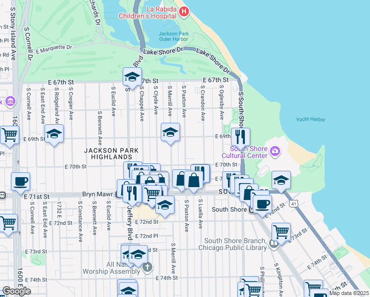 map of restaurants, bars, coffee shops, grocery stores, and more near 6917 South Paxton Avenue in Chicago